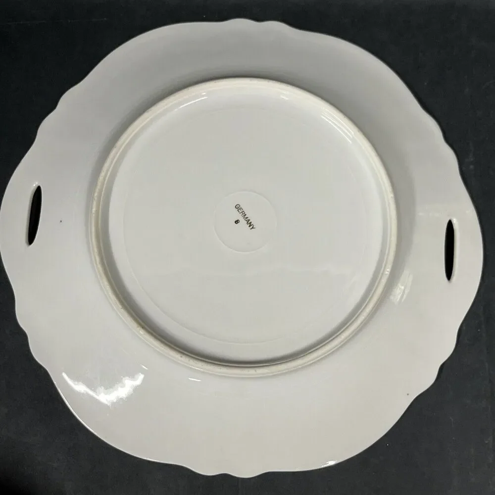 VTG German Porcelain Lusterware Roses Flowers Enclosed Handle‎ Cake Plate 9.75”